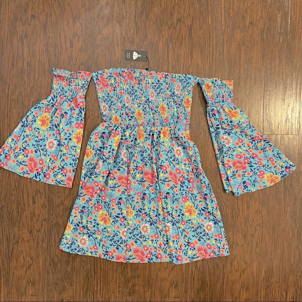 NWT Oneyim Bohemian Blue, pink orange yellow Floral, Off Shoulder XXL dress - Picture 4 of 7